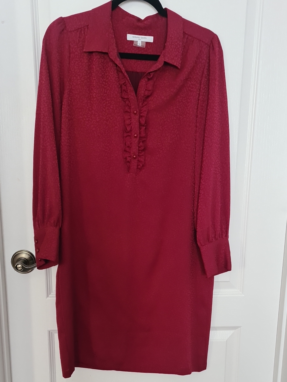 Gibson Burgundy Ruffle-Front Long Sleeve Shirt Dress